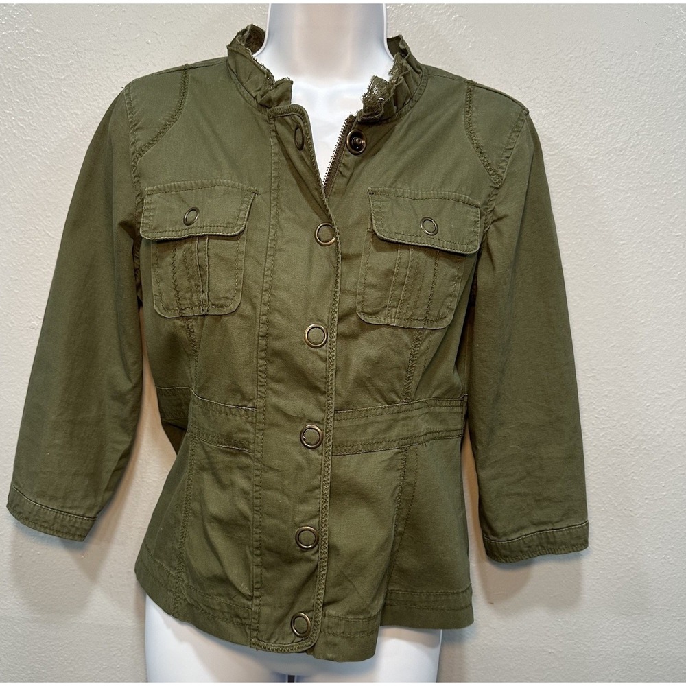 Decree Jacket Teens Cargo Jacket Small Green Snap Zip Pockets Lace 3/4 Sleeves